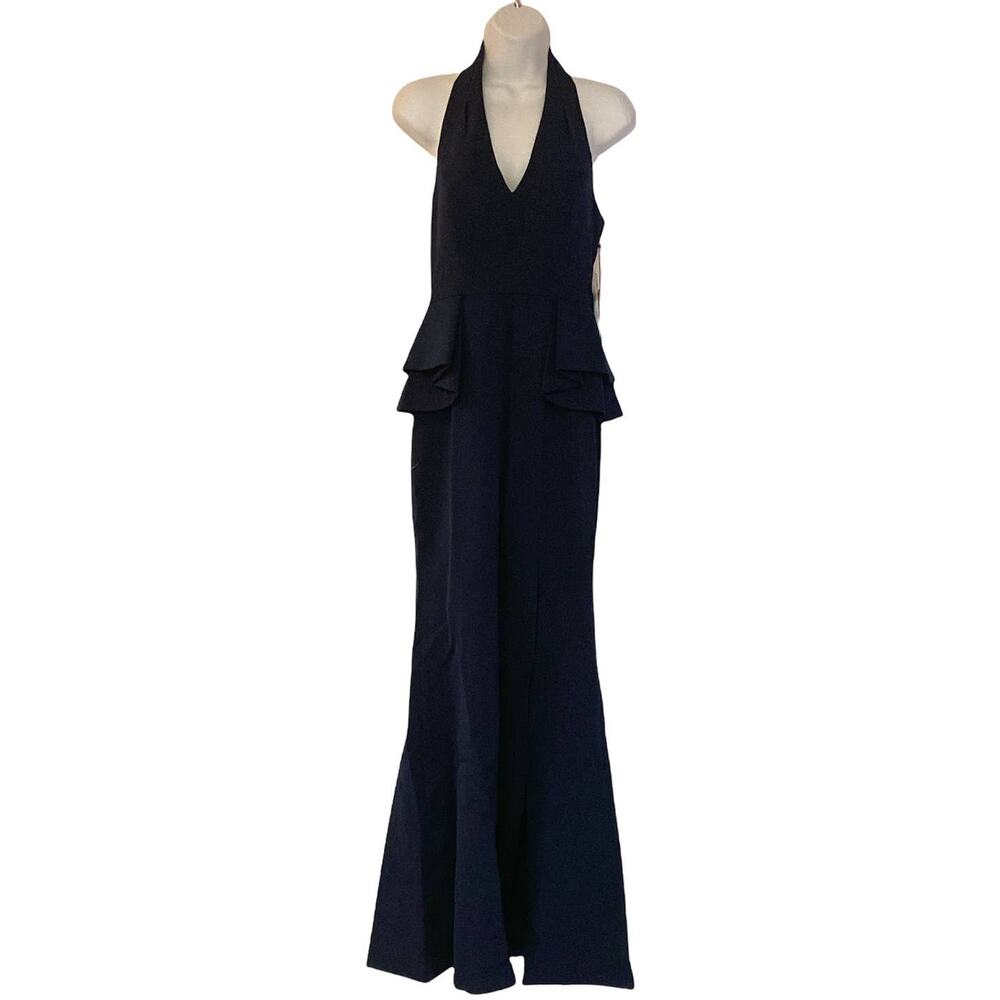 Vince Camuto Peplum Fluted Halter Gown Navy Formal Maxi Prom MOB Black Tie Dress - Picture 3 of 11
